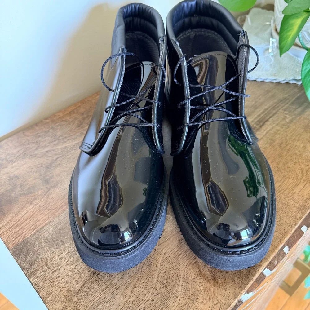 Bates High Gloss Chukka Boots Mens 10.5D Black Patent Uniform Duty Shoes Lace Up